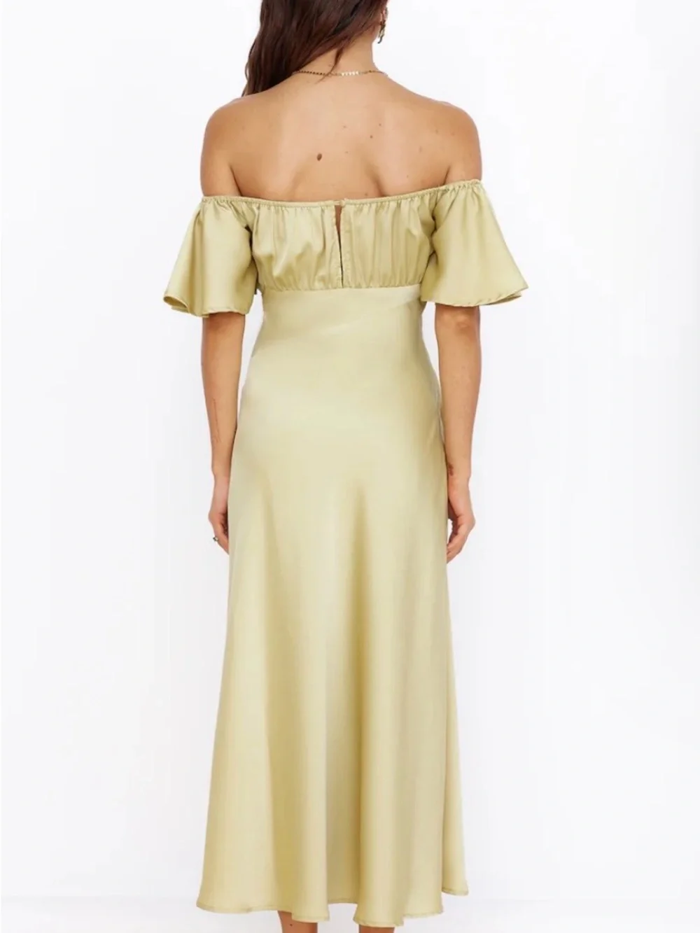 Boutique Off-Shoulder Yellow/Green Midi Dress with Ruffle Sleeves - Picture 3 of 4